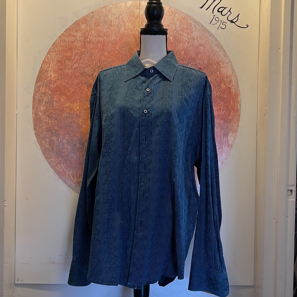 ROBERT GRAHAM Blue Striped Long Sleeve Shirt with Paisley Intertwined Design.